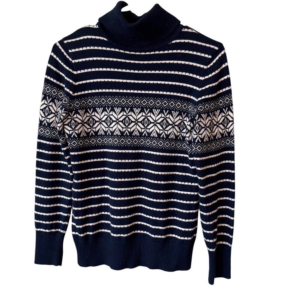 LL Bean Womens Cotton Cashmere Sweater Navy Blue White Fair Isle Turtleneck